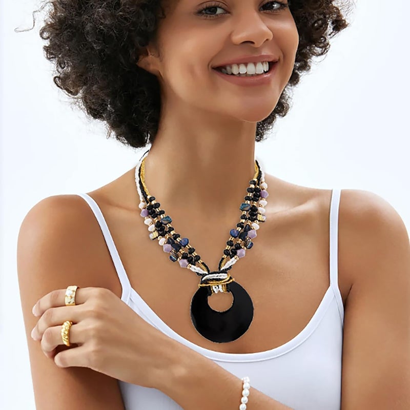 Coiris Shell Pendant Statement Strand Necklace for Women Boho Multi Beads Natural Stone Colorful Necklace Bohemian Handmade Chunky Shell Beaded Collar Jewelry for Women - Image 3